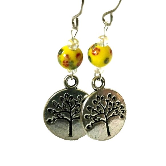 Vintage Tree of Life Murano Art Glass Bead Earrings Yellow Red Silver Plated - Picture 6 of 10